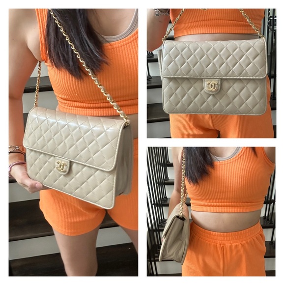 💯 CHANEL Light Beige Coco Mark Chain Leather Flap Shoulder Bag - Picture 2 of 13